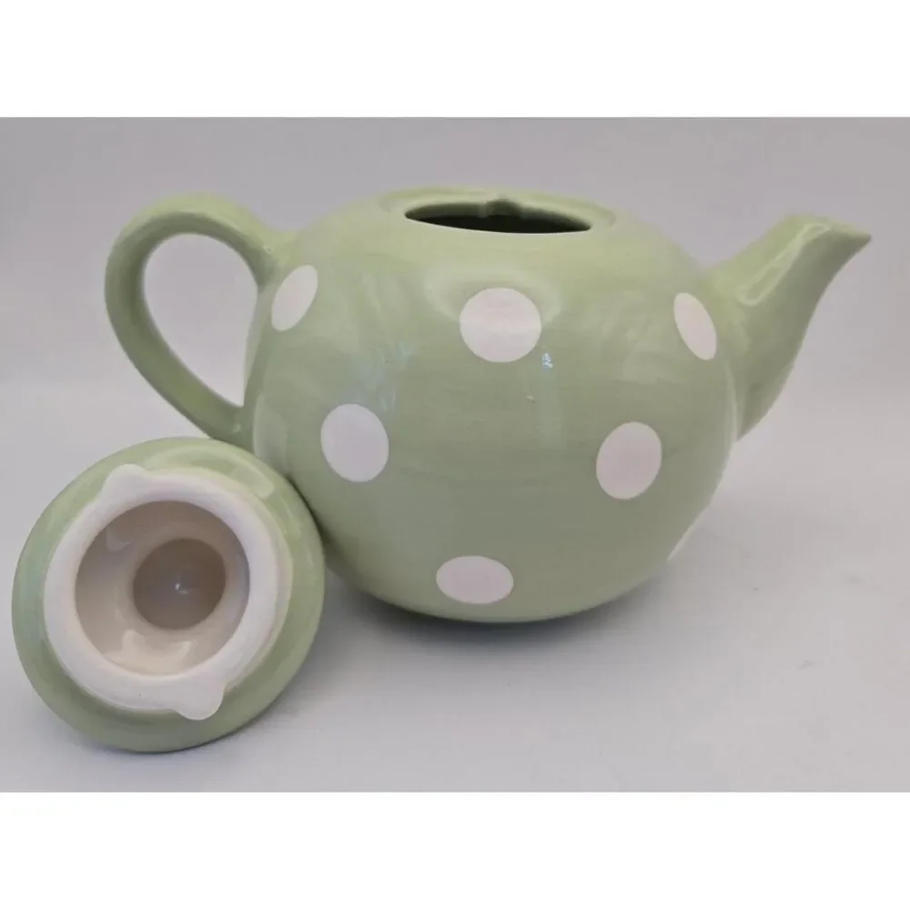 Mint Green Teapot With Lid  And White‎ Polkadots Durable Stoneware Ceramic